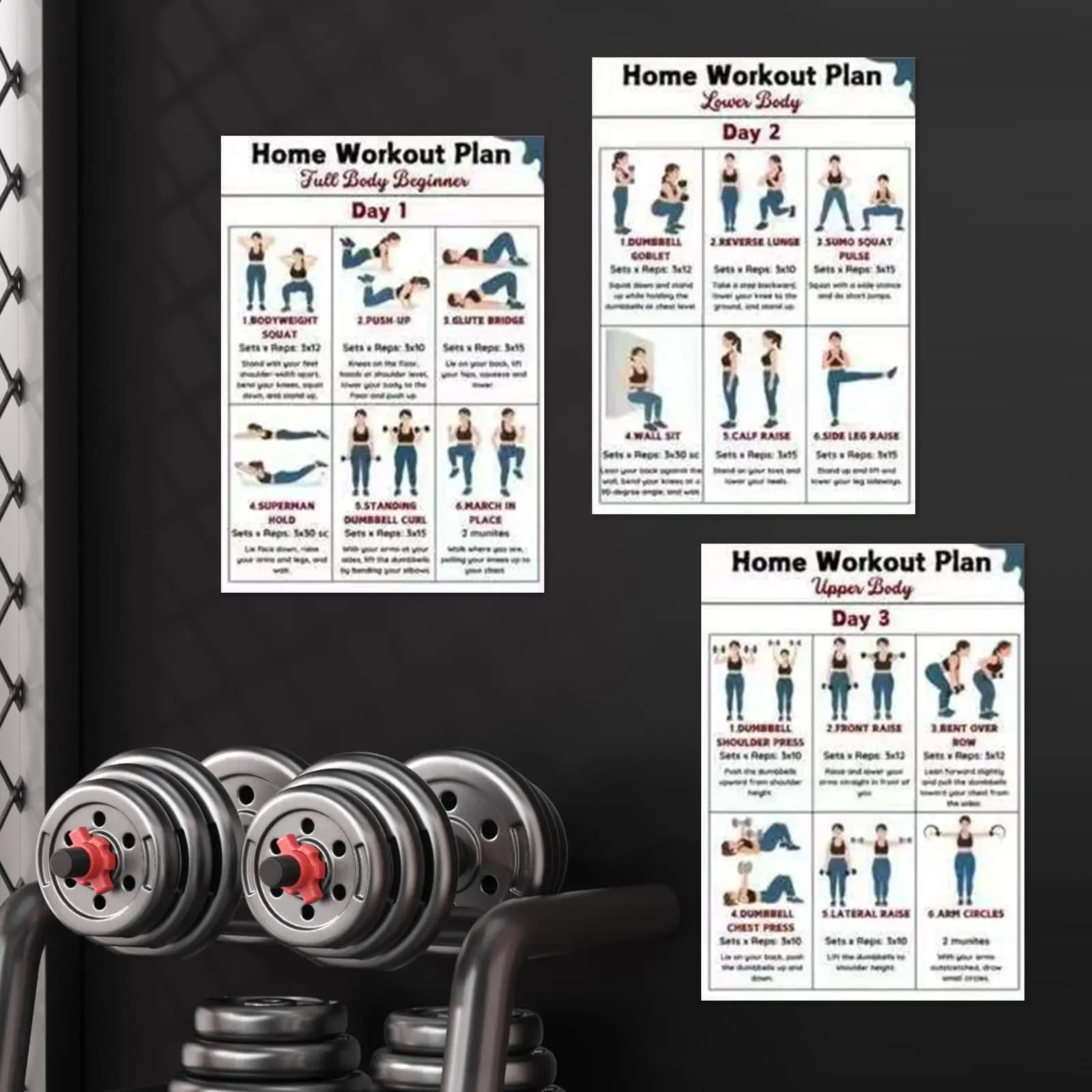 Poster per Esercizi, Set da 6 Pezzi, Guida Fitness per Tutto il Corpo, Yoga, Sollevamento Pesi, Stretching, Poster per Allenamento per Casa, Ufficio, Dormitorio, Appartamento