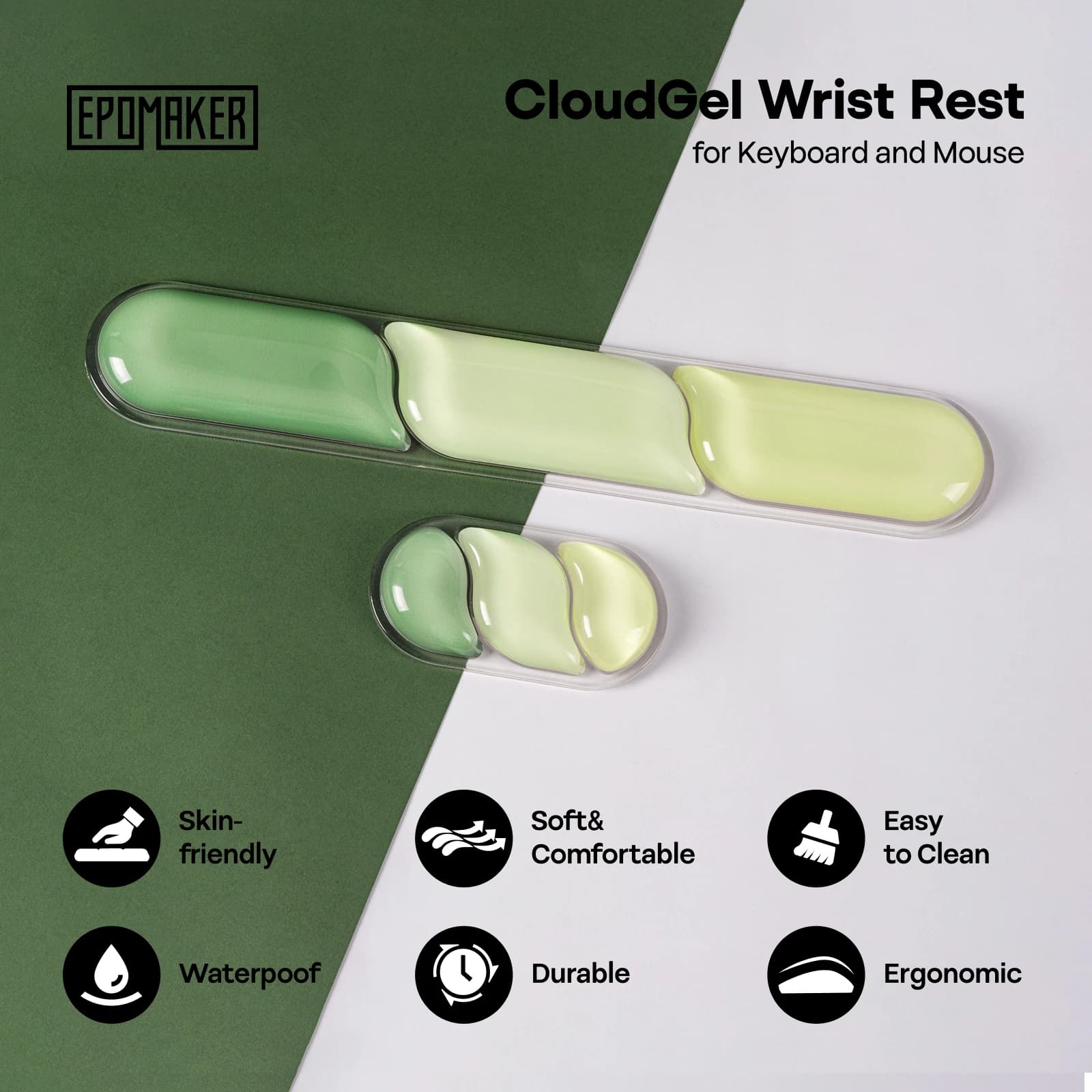 2 Pieces EPOMAKER CloudGel Poggiasi in Silicone Waterproof for Keyboard and Mouse with Rubber Anti-slip Base for Office/Gaming