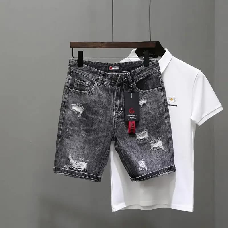 Men's Short Jeans Pants Black Grey Ripped Shorts of Male Jeans Buttons Signed Popular Emo New in Elastic With Original Hinge