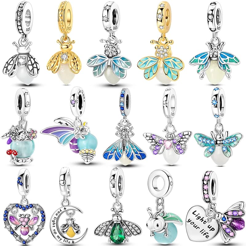 Set di Gioielli in Argento Sterling 925 Originale, Serie Luminous Firefly, Ciondolo Fai-da-Te, Orecchini, Anello Aperto, Collana per Donne