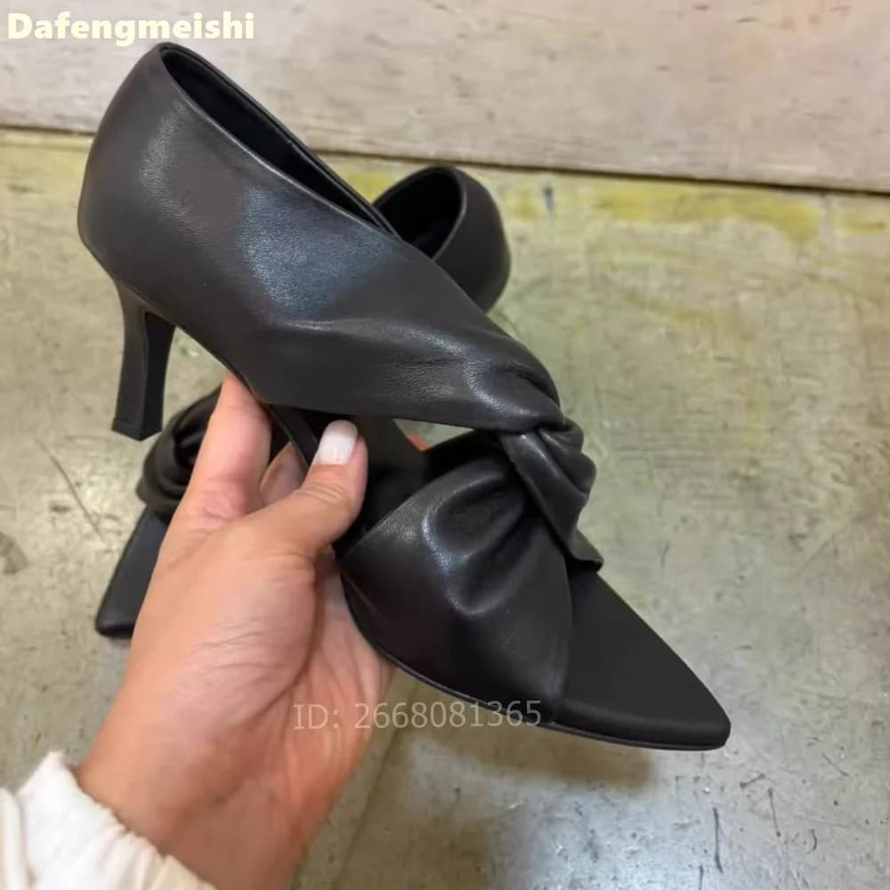 Women Black Leather Twisted Knot Sandals Pointed Toe Mid Kitten Heel Pumps Summer Casual Office Party Elegant Shoes Size 35-40