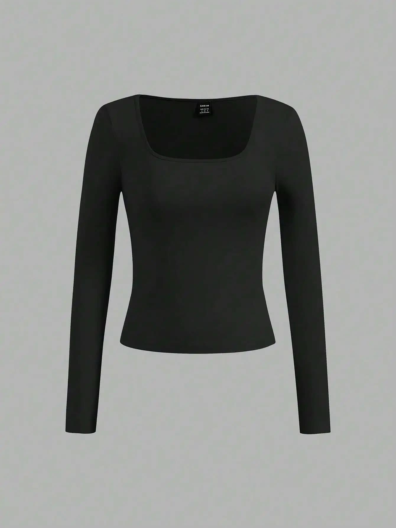 Top corto aderente a maniche lunghe da donna, t-shirt casual con scollo quadrato