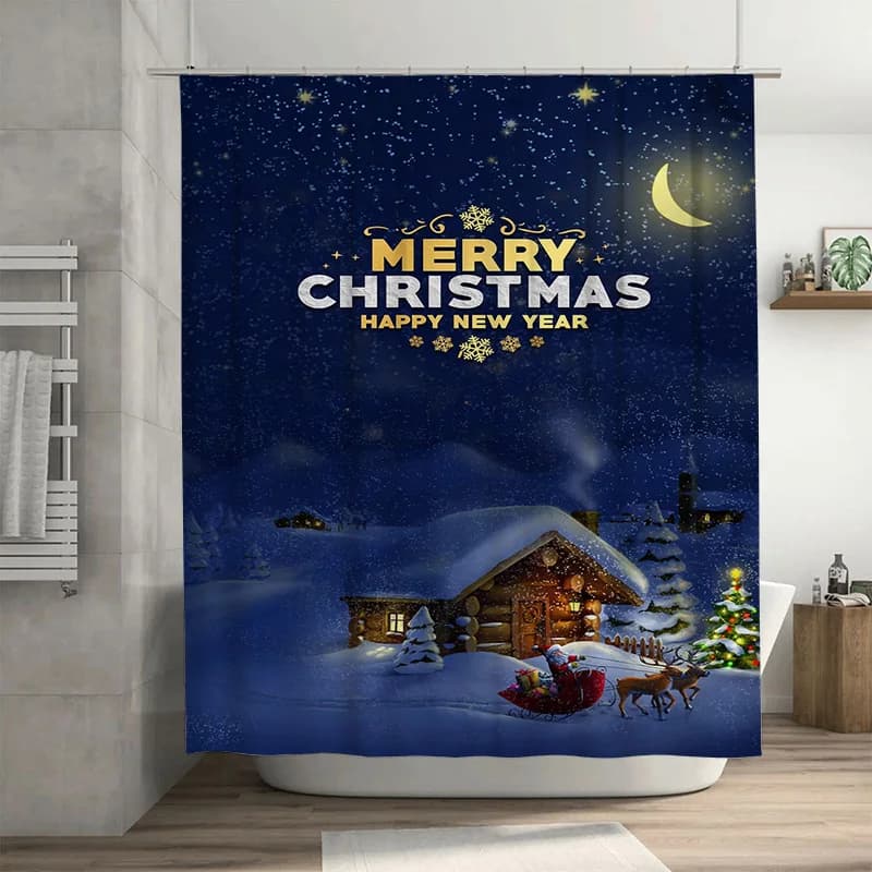 Tuniu Festive Cabina natalizia Scena invernale Tenda da doccia Vacanze magiche Foresta Decorazioni per la casa Accogliente set da bagno rustico Acqua
