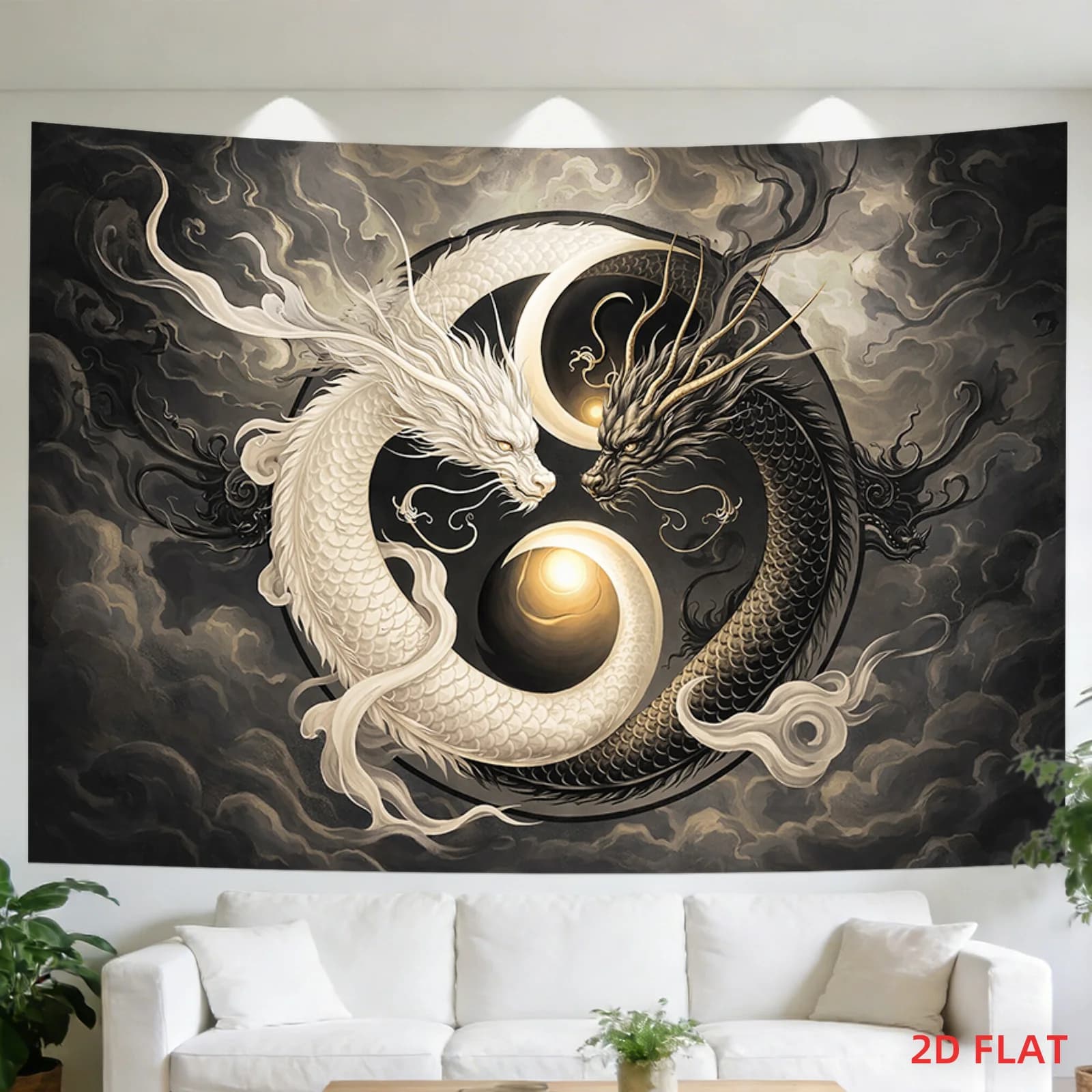 Large Yin Yang Dragon Tapestry Wall Hanging Chinese Decor Art Print Feng Shui Mythology Luxury Black and White Living Room