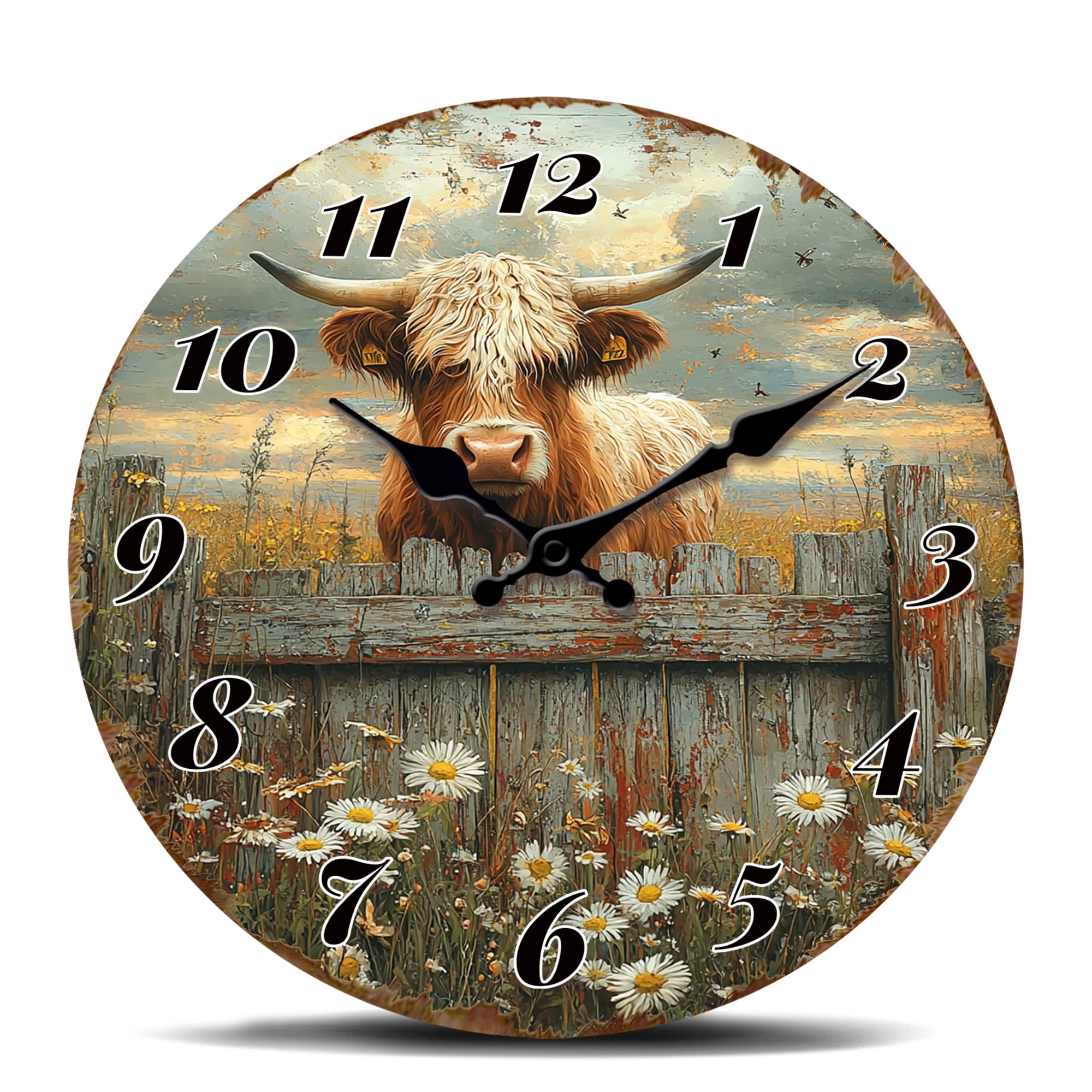 Rustic Wall Clock with Highlands Cow, Wood Fence, Silent Country Style Clock