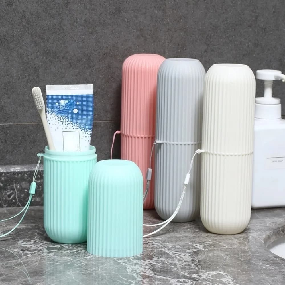 Custodia da viaggio portatile a righe con cordino, set tazza porta dentifricio a prova di perdite per campeggio e bagno