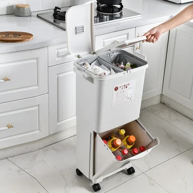 Cestino per la raccolta differenziata in stile giapponese, doppio secchio, grande per uso domestico in cucina, con coperchio e pedale, per separazione di rifiuti secchi e umidi.