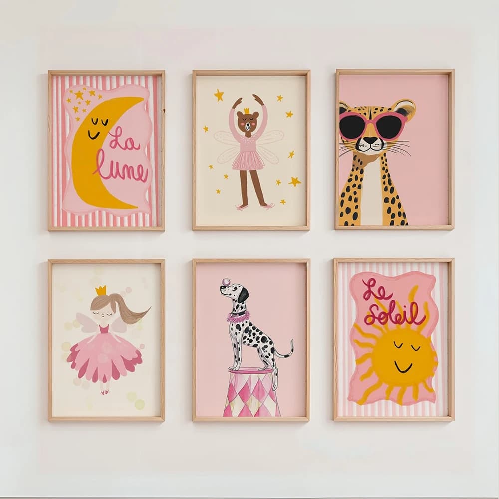 Stampe per la scuola materna rosa Divertimento per bambini Decorazioni per la camera delle neonate Immagini di arte della parete Sole Luna Animale Principessa Fata Leopardo Cane Ballerina Poster