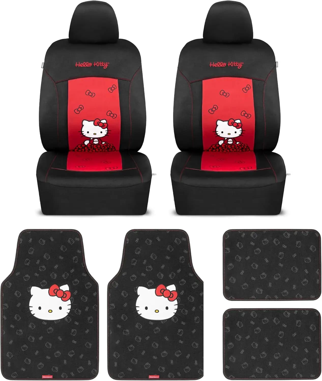 Eleganti Coprisedili Auto Neri e Rossi con 4 Tappetini - Adattabili Universalmente per Auto, SUV, Camion - Stampa Hello Kitty