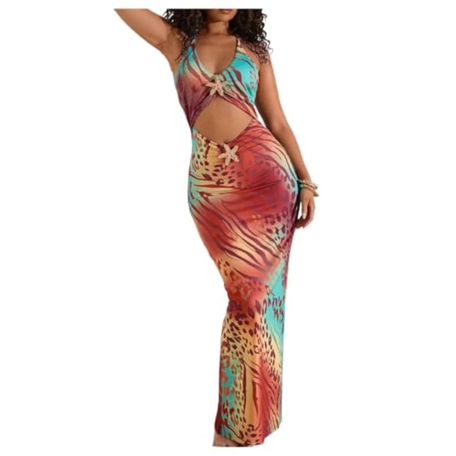 WDIRARA Women's Leopard Graphic Metal Starfish Cut Out Slit Halter Dress Tie Open Back Maxi Dress