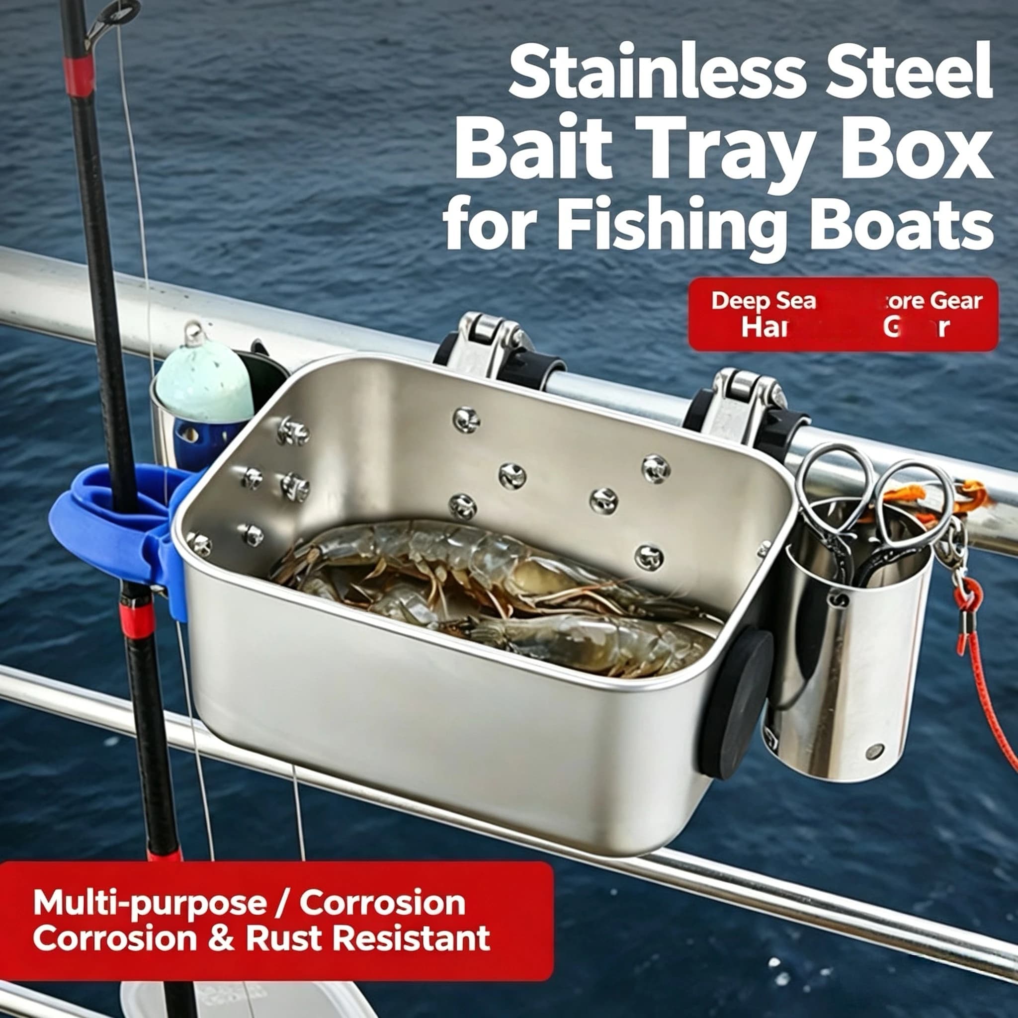 304 Stainless Steel Boat Fishing Bait Box, Multi-functional Marine Tackle Holder with Rod Rest, Pliers Holder, Weight Bucket & D