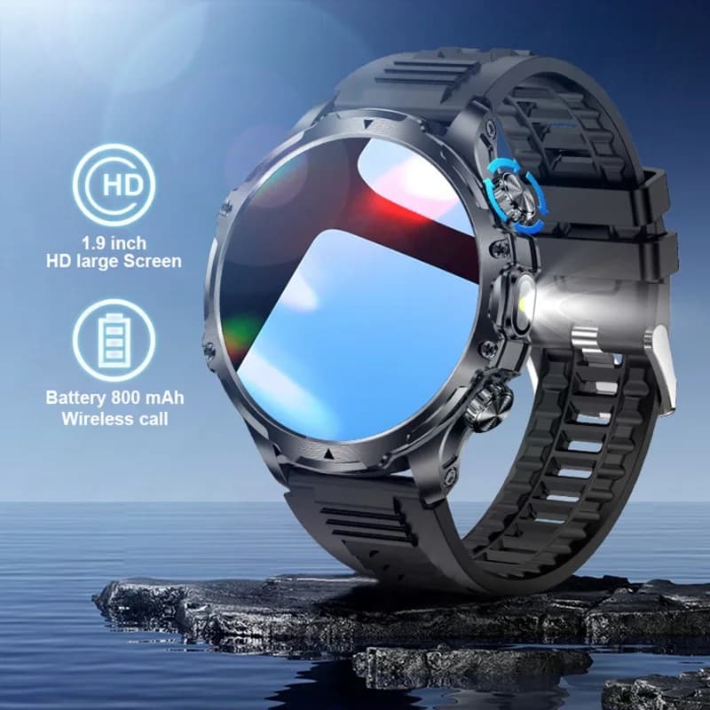 New Men's Smartwatch 1.9" with Flashlight, for Open and Fitness Sports, 800mAh Large Battery, Waterproof IPX8, LED, + Gifts