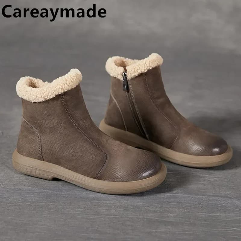Careaymade-stivaletti fatti a mano in vera pelle, stivali caldi da donna nuovi invernali con cerniera laterale a testa tonda scarpe singole da donna Casual
