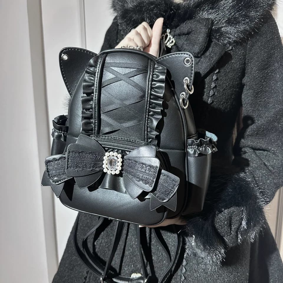 Zaino con Orecchie di Gatto in Pizzo Giapponese, Borsa a Tracolla in Pelle Nera e Rosa per Studentesse, Stile Lolita, Mochila Mujer