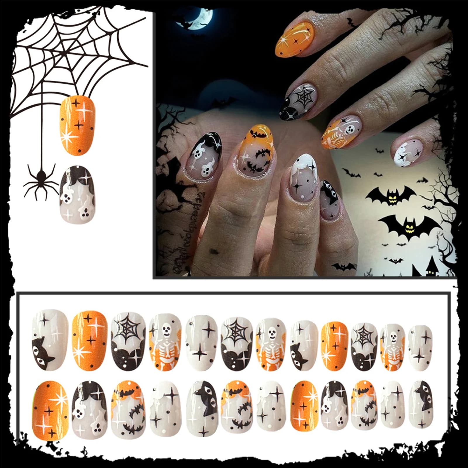 24PCS Press On Nails Glossy Nails Art for Halloween Party Ghost Star Pattern False Nails Mirror Finish Short Oval Tips
