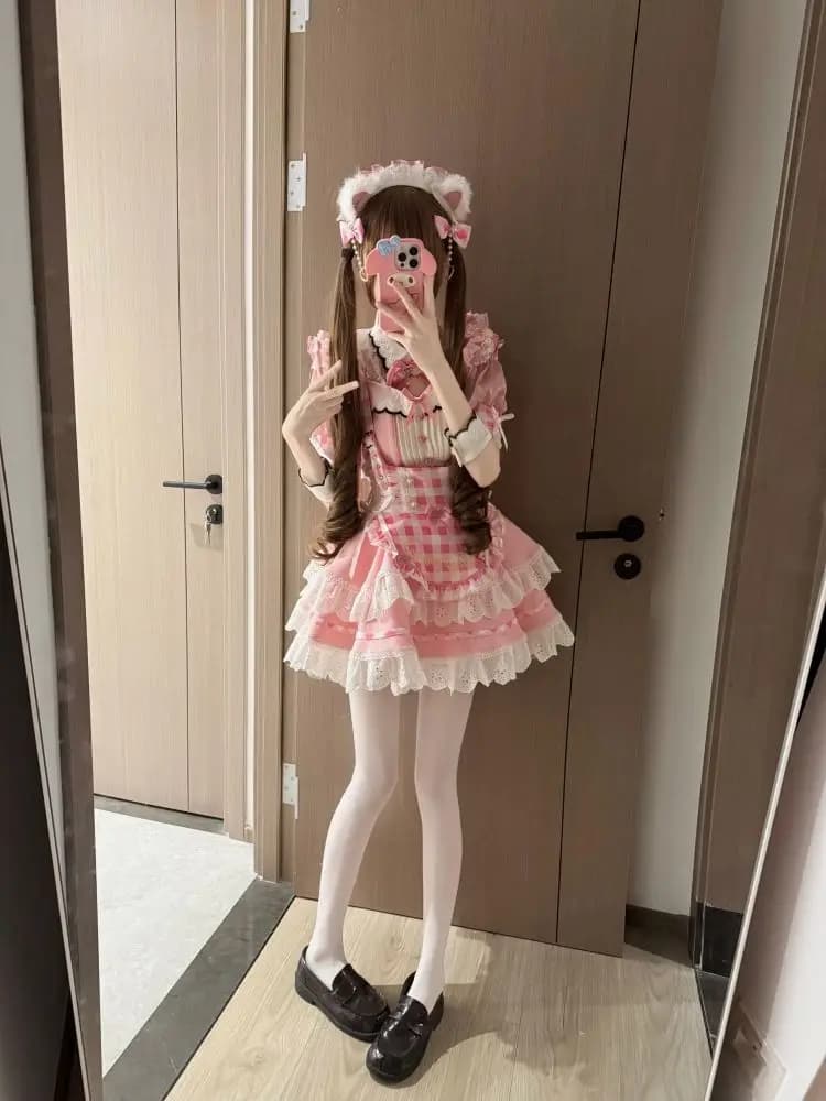 Lolita Sweet Kawaii 2 Piece Set Women New Puff Sleeve High Waist Plaid Tops + Bow Lace Ruffle Skirt Cosplay Party Summer Outfits