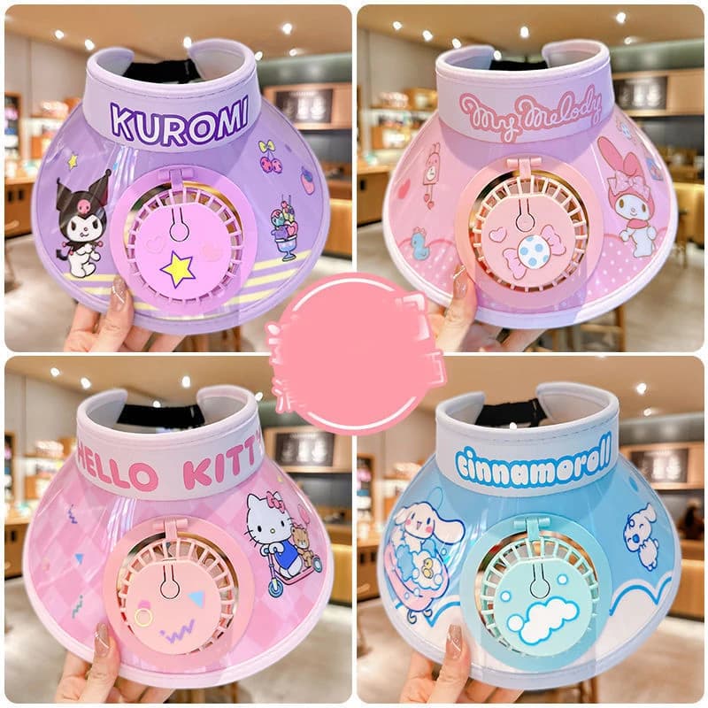 Anime Hello Kitty Kuromi Kids Sun Hat Cooling Fan Summer Breathable Uv Protection Cap Cinnamoroll Outdoor Play Wide Brim Visor