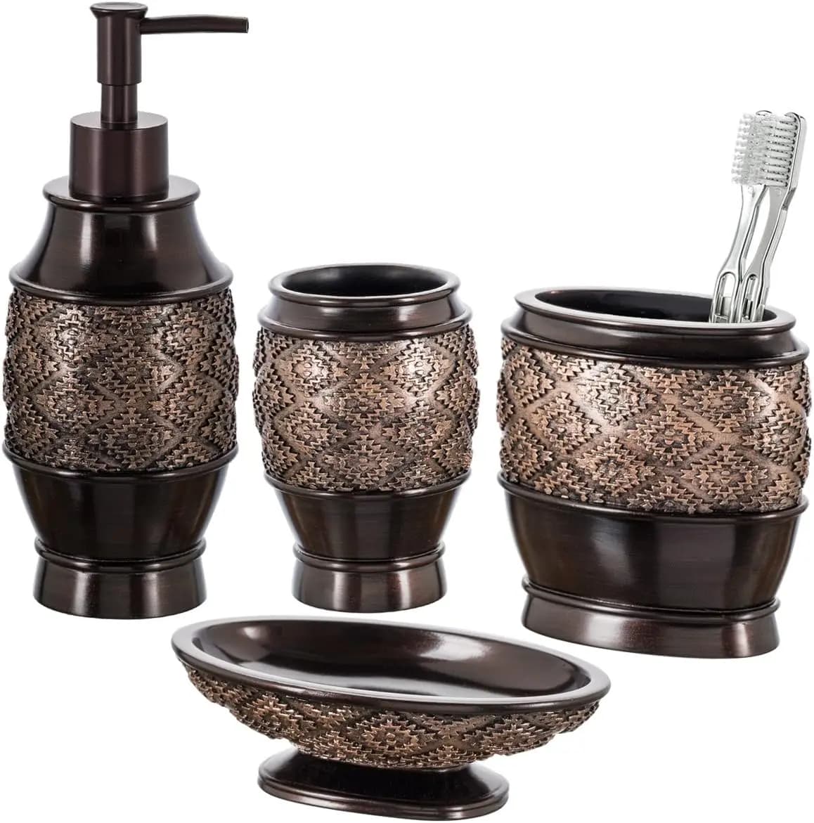 Set Bagno di Lusso 4 Pezzi Finitura Bronzo - Dispenser Sapone, Porta Sapone, Bicchiere e Porta Spazzolino