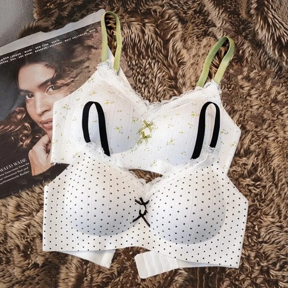 Reggiseno a V senza fili in pizzo invisibile con motivo floreale a pois, stampa floreale, anti-cedimento, effetto push-up, intimo modellante
