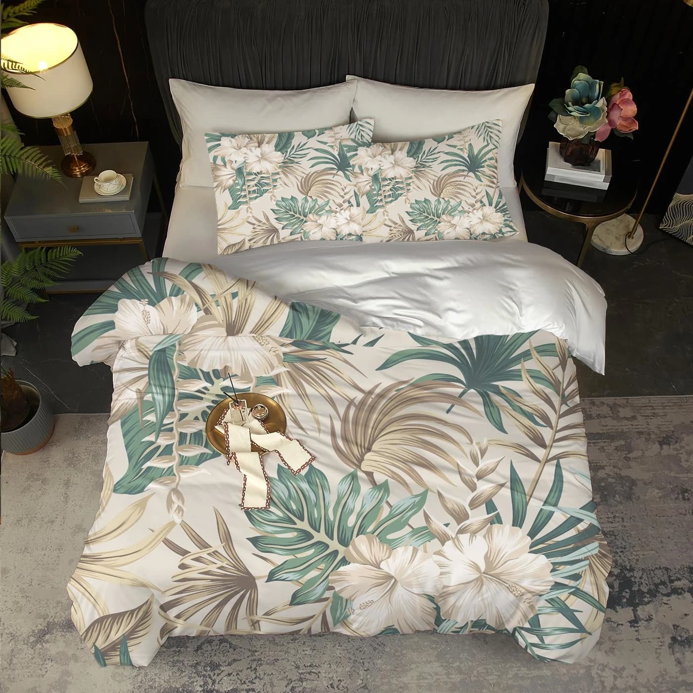 Set copripiumino con stampa 3D con motivo floreale e foglie, set copripiumino stile pianta, set biancheria da letto morbido e confortevole
