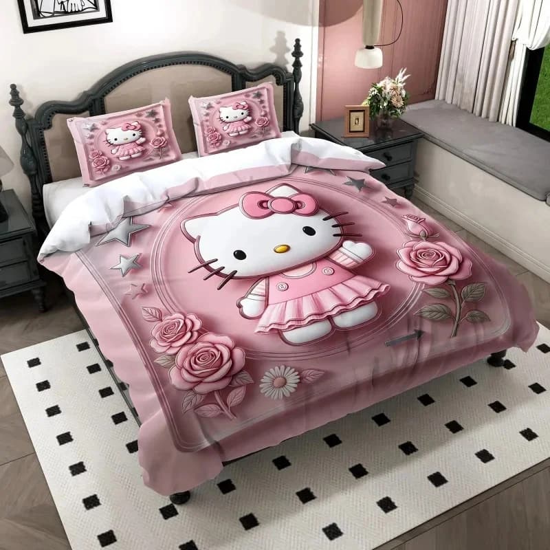 Hello Kitty Duvet Cover Set 3D Pink Rose Printed Bedding Set For Girls Bedroom Soft Polyester Bed Linens