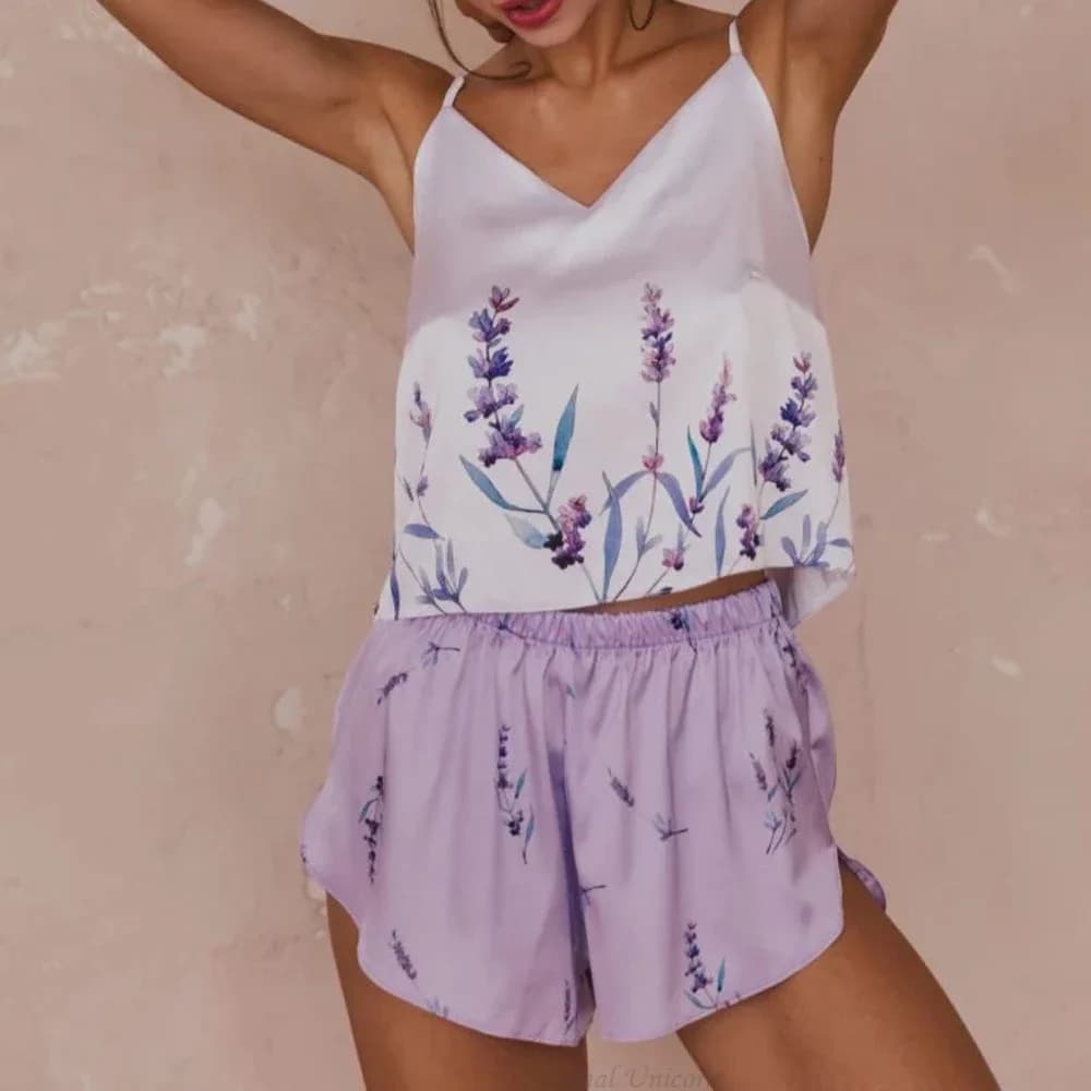 Pigiama da donna set pigiama estivo in raso di seta pigiama con stampa di fiori di lavanda pigiama sexy con scollo a V senza maniche abbigliamento per la casa pigiama