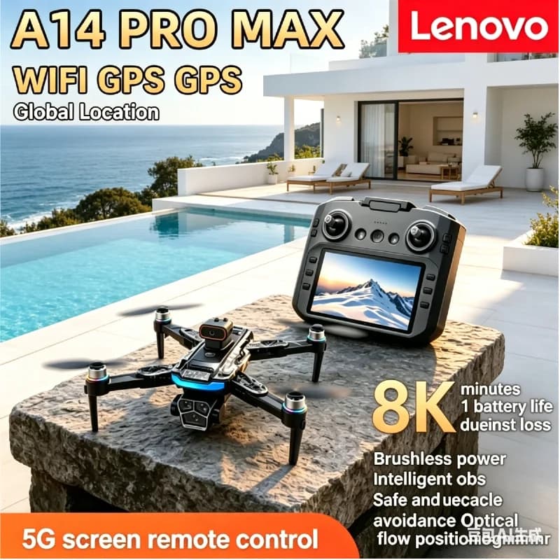Drone Lenovo A14 Pro Max GPS Brushless con Tre Telecamere 8K, Flusso Ottico, Evitamento Ostacoli, Quadricottero RC Pieghevole
