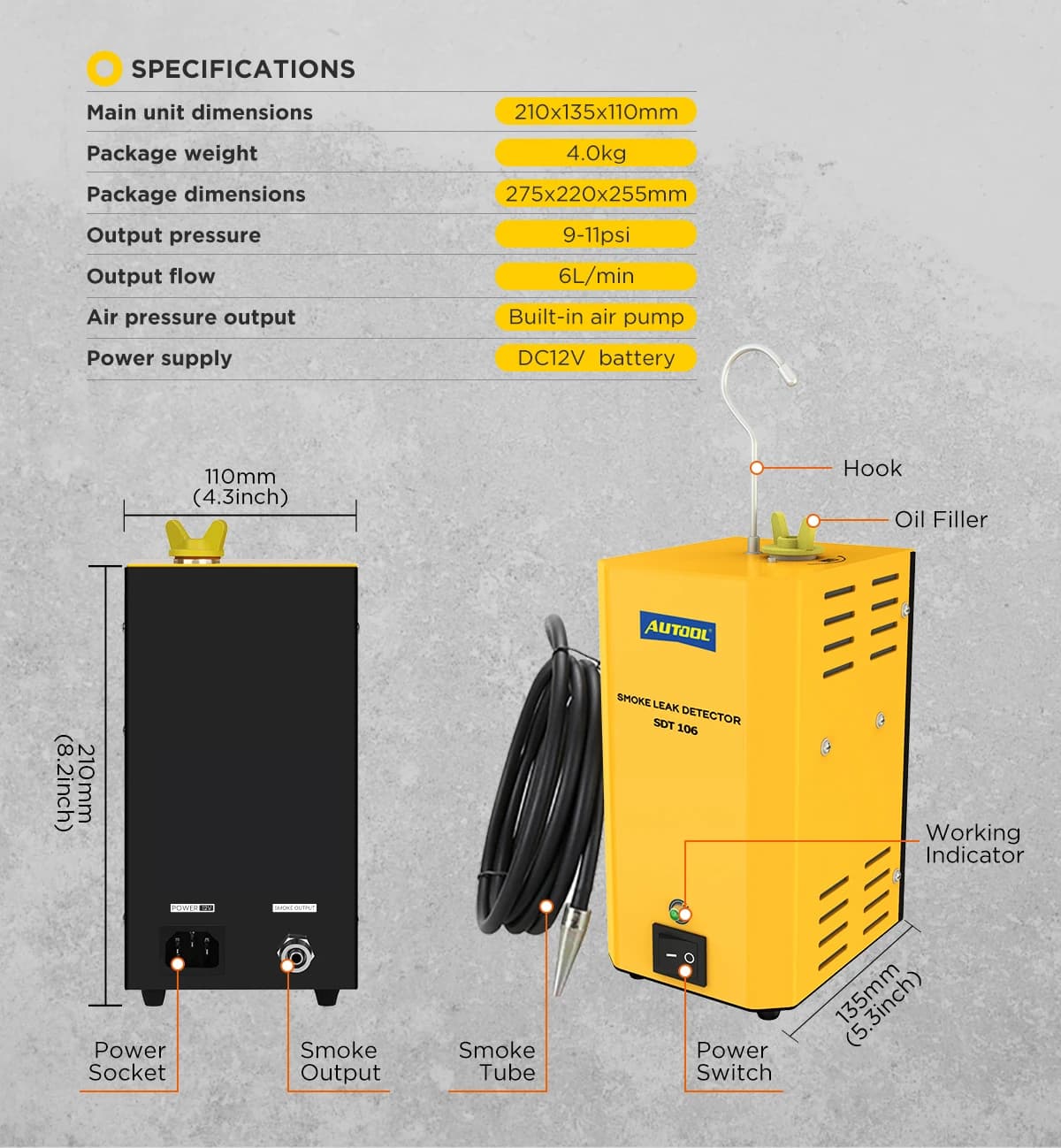 AUTOOL SDT106 Strumento Diagnostico per Auto con Rilevatore di Fumo, Localizzatore di Perdite di Gas EVAP e Generatore per Tubi dell'Olio