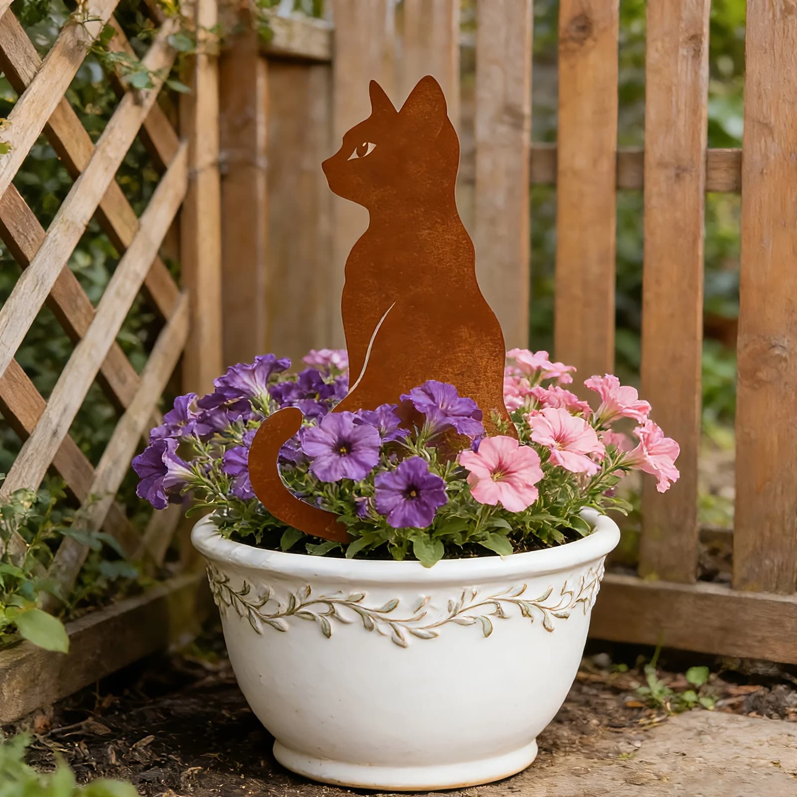 Rustic Weathered Sitting Cat Silhouette Metal Garden Stake, Rusted Feline Decor for Lawn, Flower Beds, Potted Plants and Patio