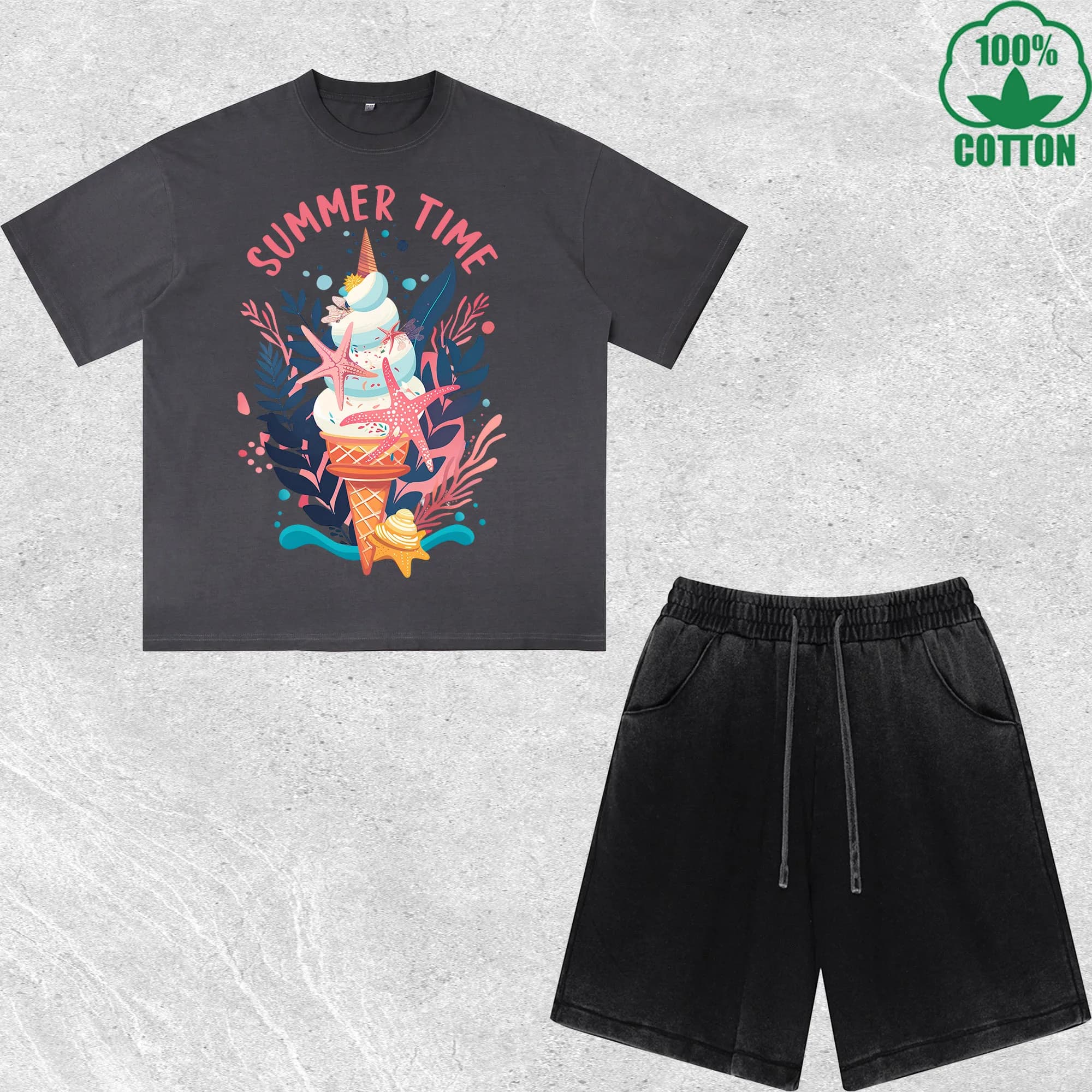 Set Estivo di T-Shirt e Pantaloncini con Stampa Effetto Usurato, Multicolore, Combinazione Trendy e Alla Moda, 100% Cotone