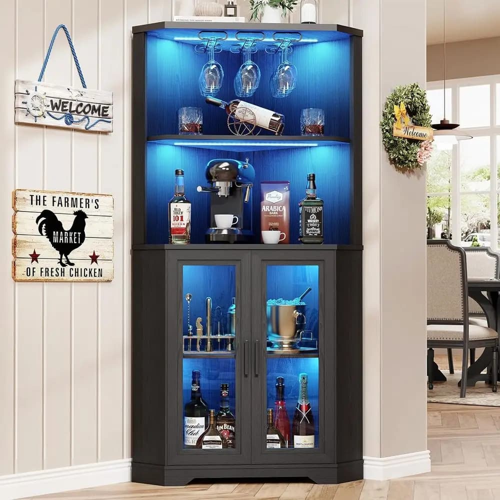 65 Tall LED-Lit Wine Cabinet with Glass Holder and Tempered Door for Bar or Dining Room, Black