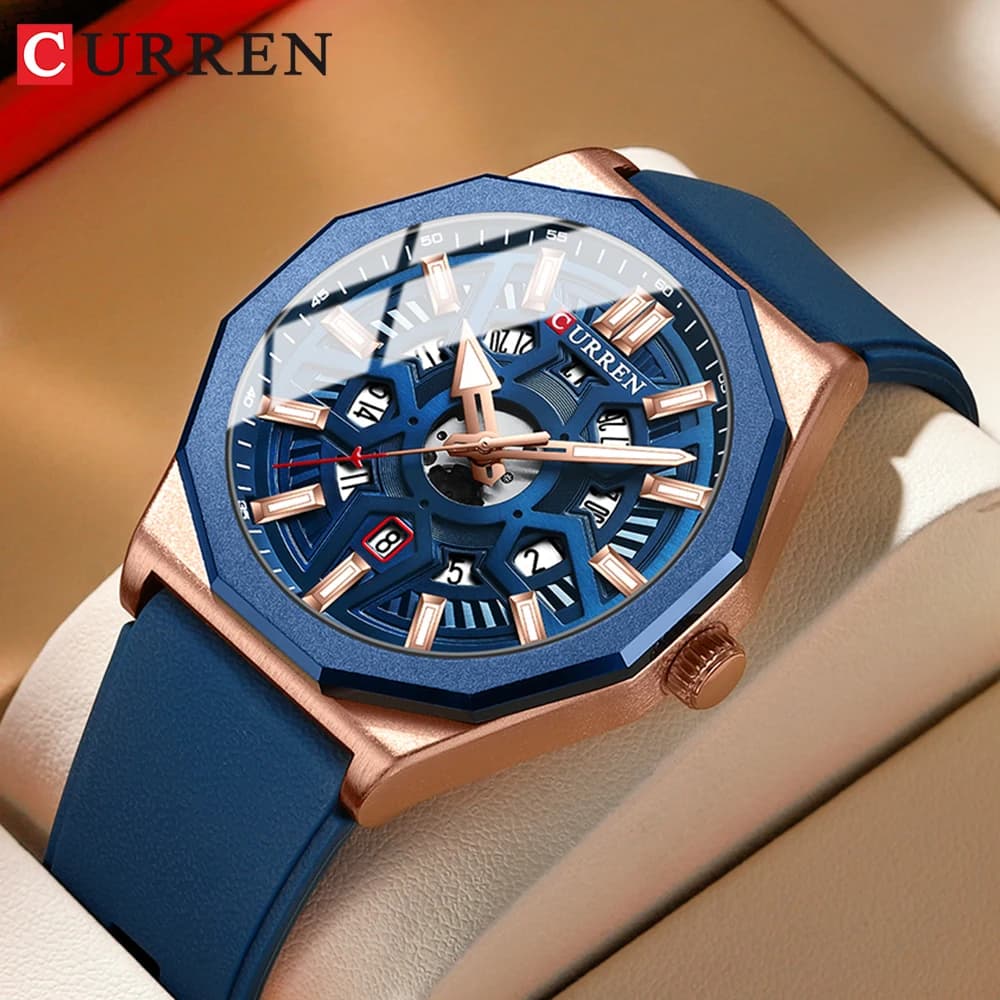 CURREN Fashionable creative design watches Men's wrist strap with quartz silicone strap with date for men's watch with bright hands