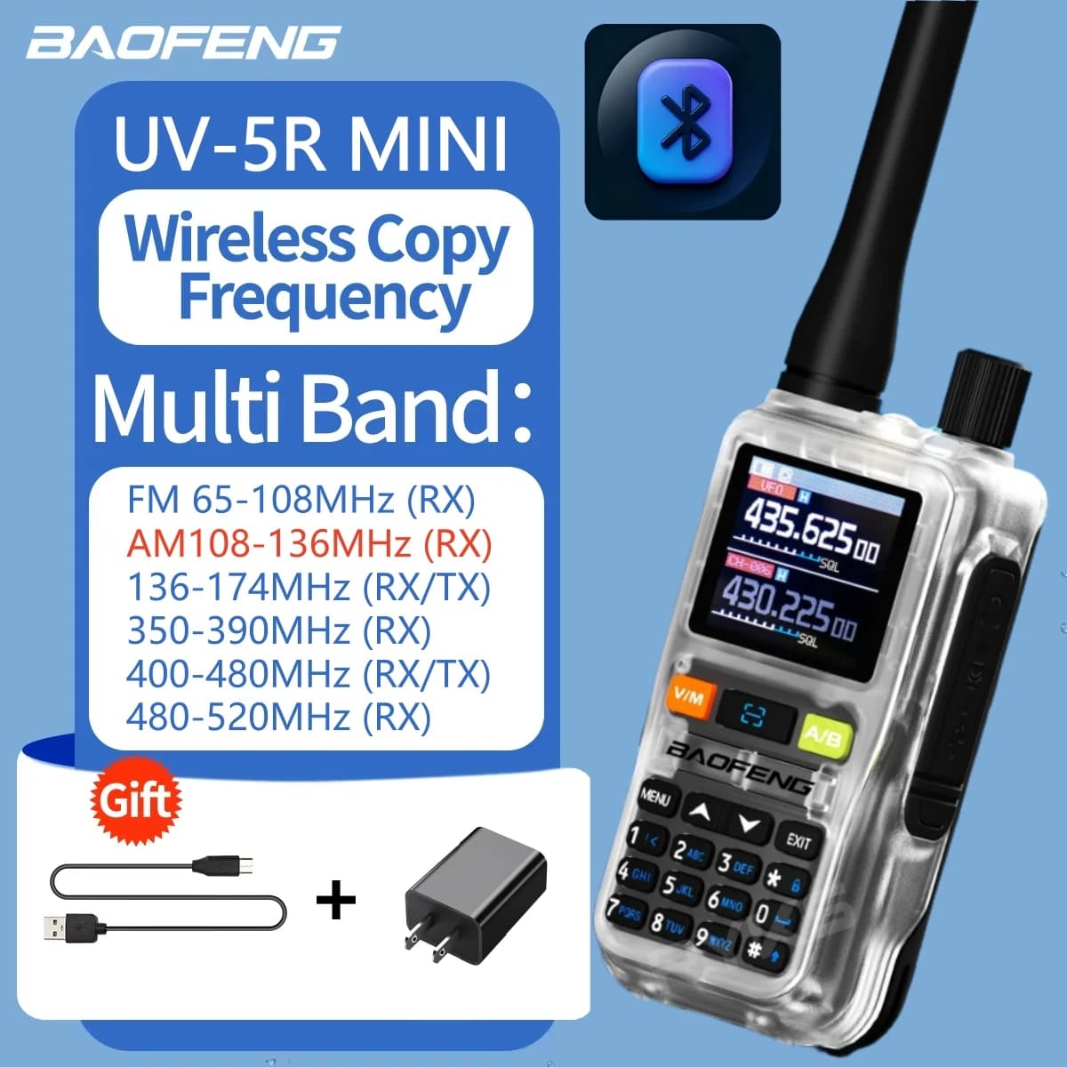 Ricetrasmettitore Baofeng UV-5R Mini Versatile con Certificazione CE/FCC, Ricarica Tipo-C, 999 Canali, Programmazione Bluetooth per Comunicazioni a Lungo Raggio