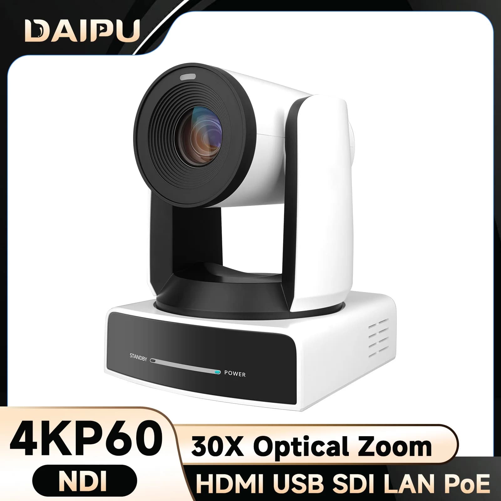 Telecamera PTZ NDI DAIPU 4KP60 con Zoom Ottico 30X, HDMI, USB, SDI, LAN, POE e Tracciamento AI per Streaming Live in Chiesa, Conferenze e YouTube Live