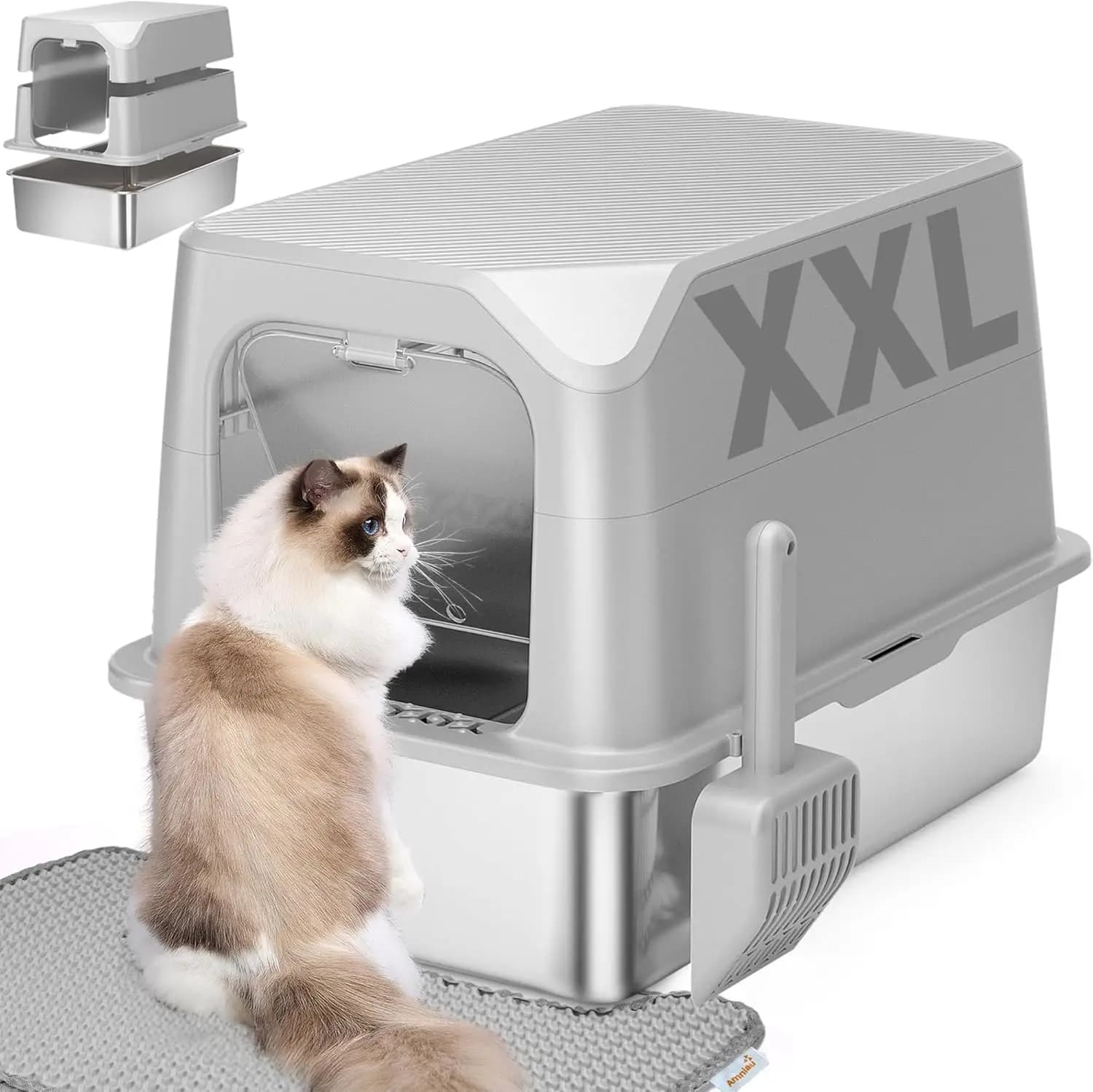 Lettiera per Gatti in Acciaio Inossidabile con Coperchio, Extra Large, Ideale per Gatti Grandi e Piccoli, Facile da Pulire, Anti-Perdita, Antiaderente