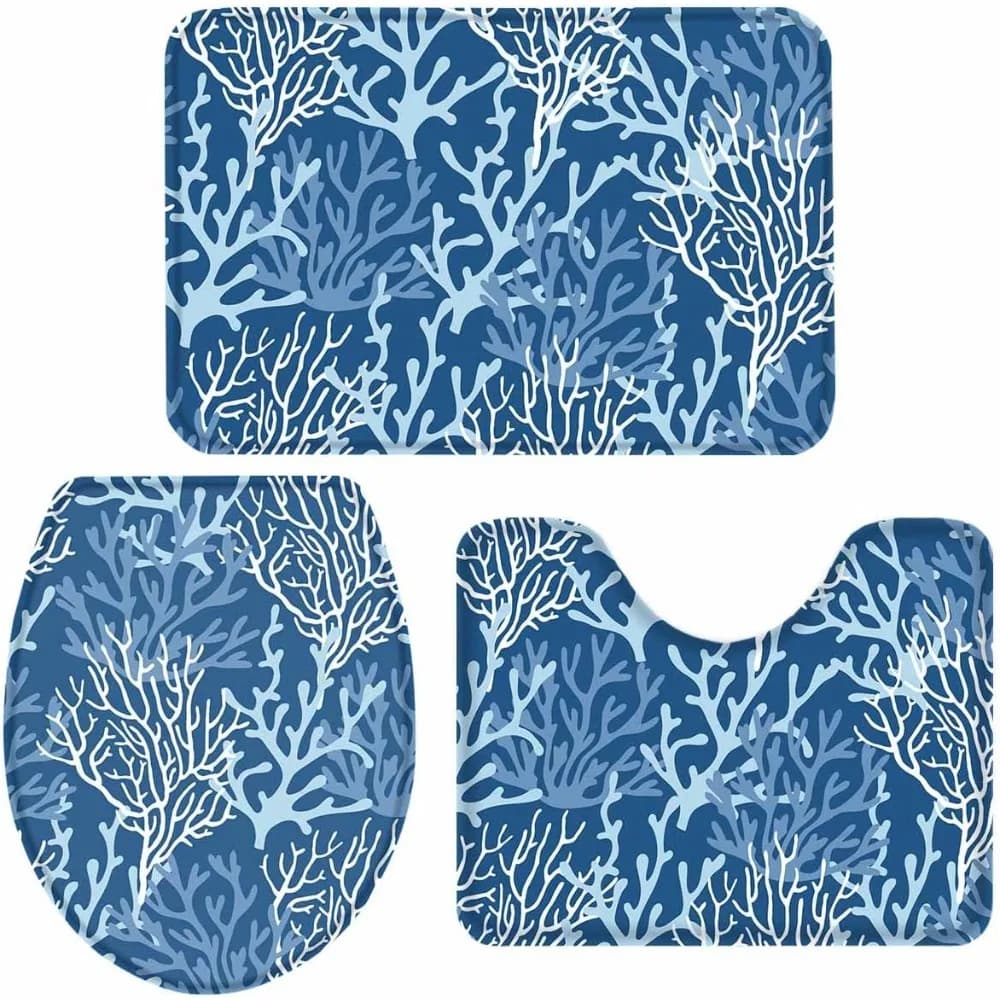 Set di tappetini da bagno in corallo da 3 pezzi, tappeti da doccia da bagno bianchi geometrici astratti in mare estivo con contorno a forma di U