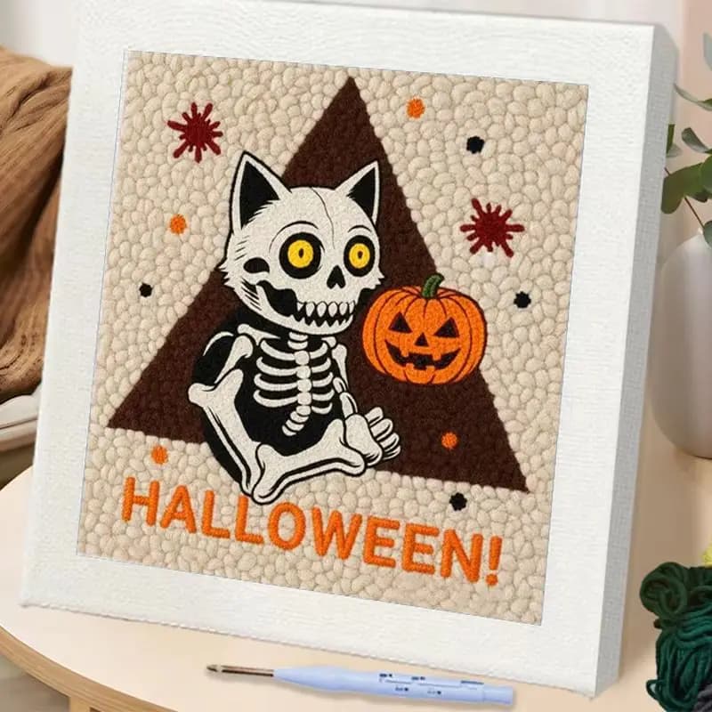 RUOPOTY Diy Needle Punch Black Cat Skull Kit Create Wall Art Embroidery Starter Kit Halloween Punch Embroidery Needles Picture