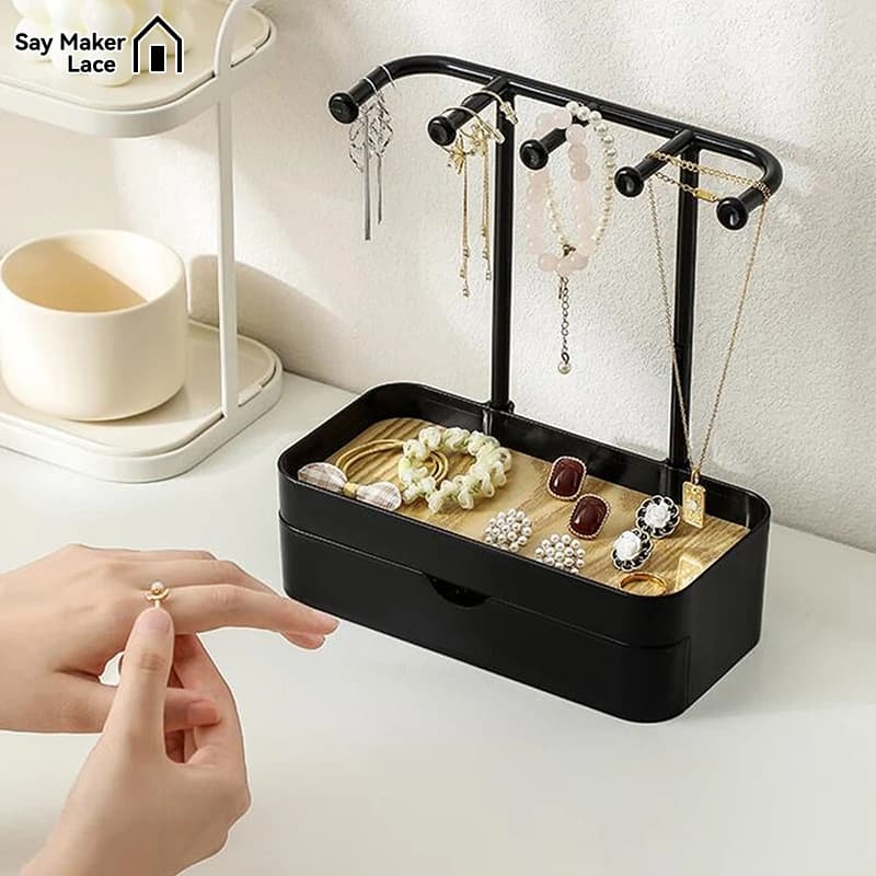 Jewelry Organizer Display Stand Rack With Wooden Tray For Earrings Bracelet Necklaces Rings Storage Hanging Organizer Holder