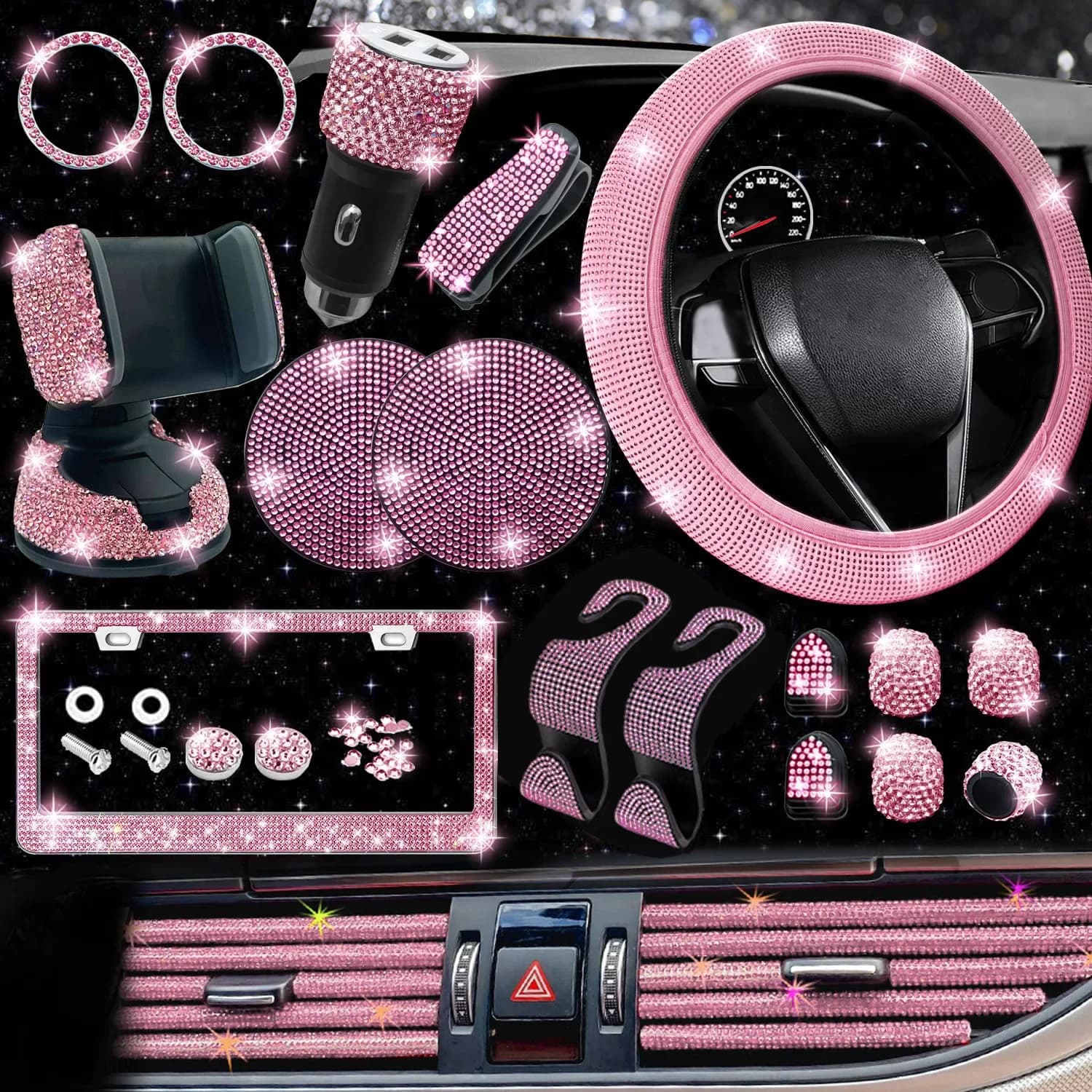Car Seat Cover Elastic Coprimanubrio Comfortable Anti-Slip Perforation Frame US Plate Decoration Car With Rhinestones