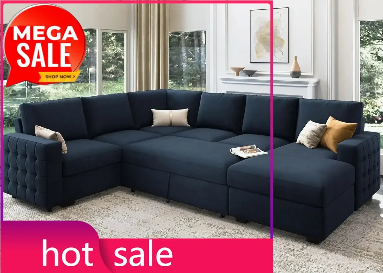 Divano Letto Componibile a U con Letto Estraibile e Chaise Longue con Vano Contenitore, Divano Letto per Soggiorno a 6 Posti