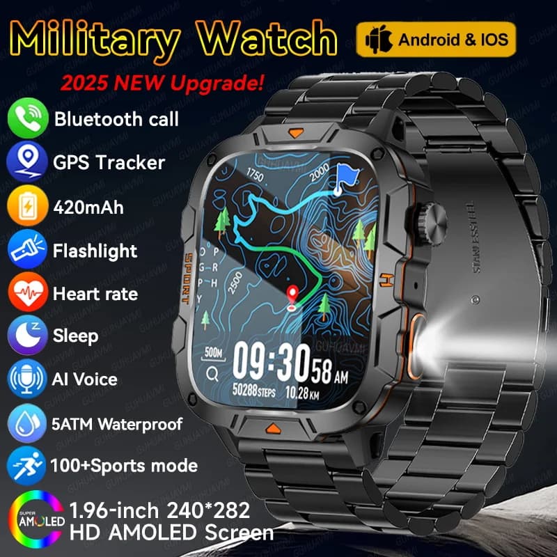 2025 Outdoor Military SmartWatch GPS trackr 5ATM Flashlight 1.96" HD Display Screen Bluetooth Call Men Sports Fitness Smartwatch