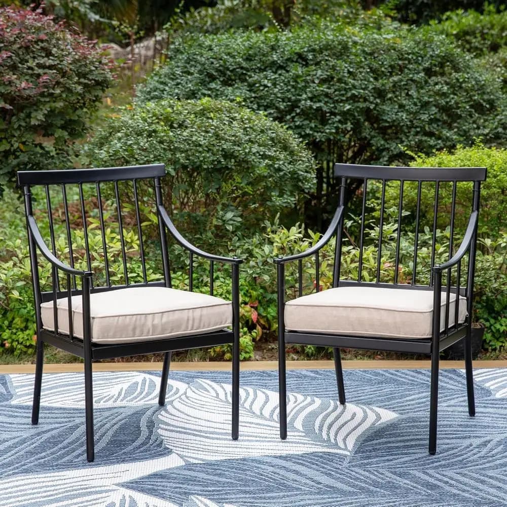 Sedie da pranzo nere da esterno con cuscino, set da 2 pezzi per balcone, portico o giardino, supporta fino a 300 libbre
