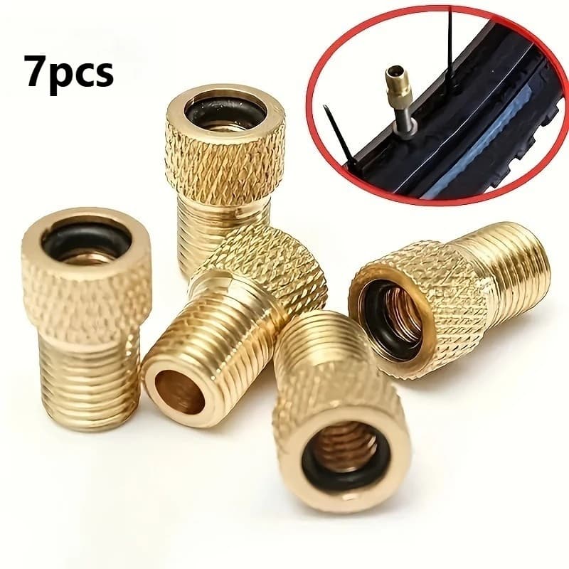 7pcs Universal Brass Bicycle Valve Stem Adapter with Seals, Round Shape Bike Air Pump Inlet Connector