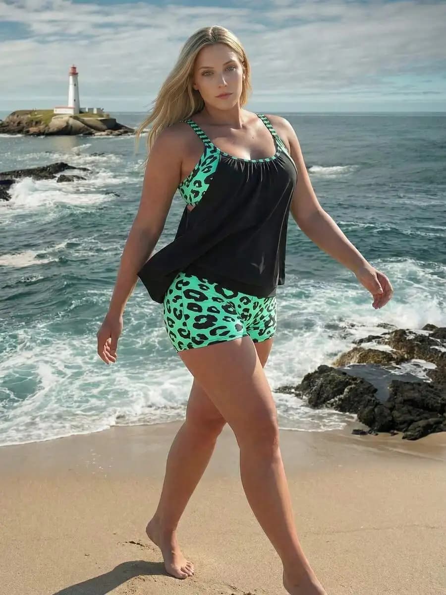 Costume da bagno tankini a due pezzi con stampa leopardata, scollo rotondo e schiena scoperta, taglie forti, da donna