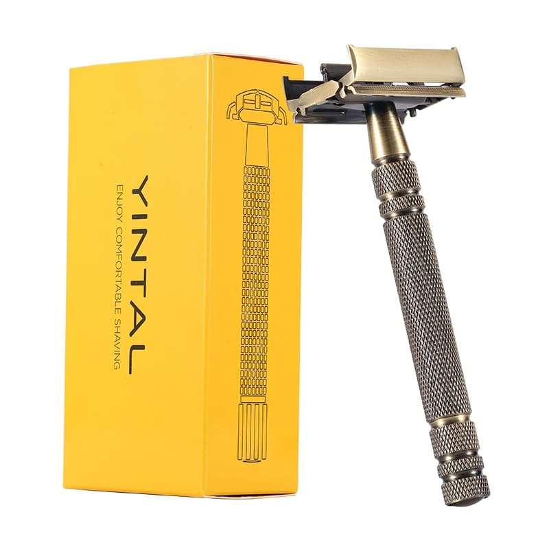 YINTAL Rasoio manuale classico bifacciale in bronzo da uomo Rasoi di sicurezza con manico lungo Rasatura Rasoi classici sostituibili