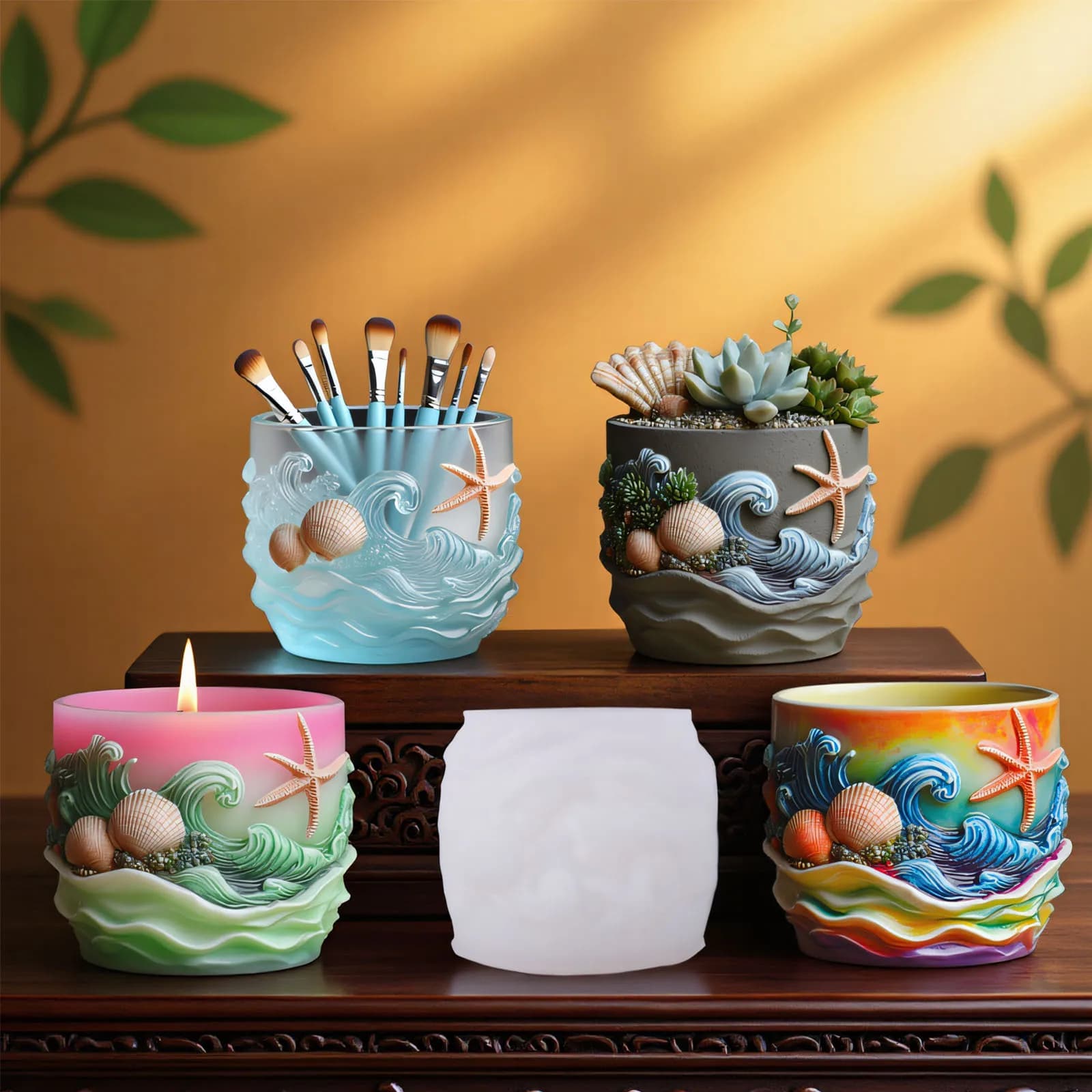 Vita marina Sollievo Pianta grassa Vaso da fiori Stampo in silicone in resina Conchiglia Stella marina Scatola di immagazzinaggio in rilievo Tazza di candela Stampo in gesso e cemento