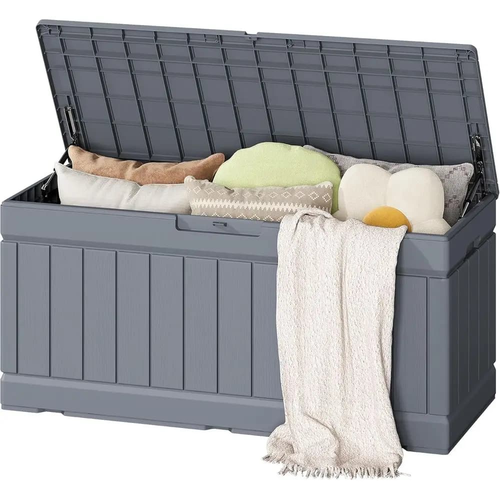 Contenitore da Esterno Impermeabile in Resina da 80 Galloni con Effetto Legno per Cuscini da Patio e Oggetti da Esterno (Grigio)