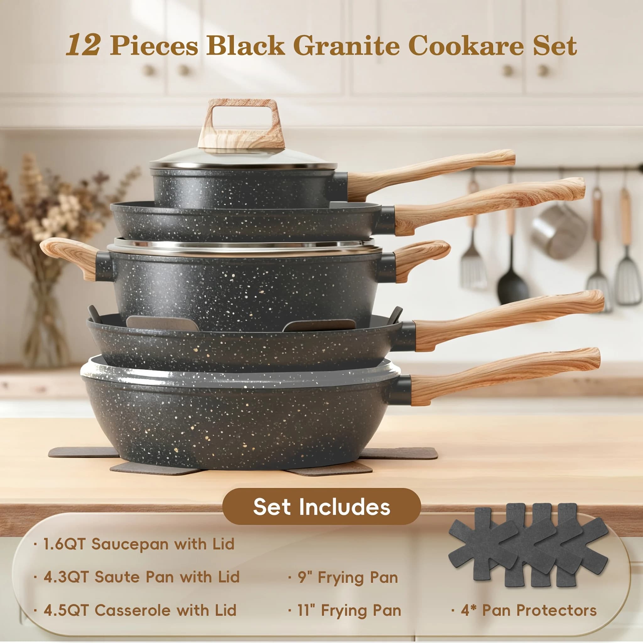 Set di pentole da 12 pezzi, ultimo modello, antiaderente, include padella, pentola e coperchio, compatibile con tutti i fornelli.