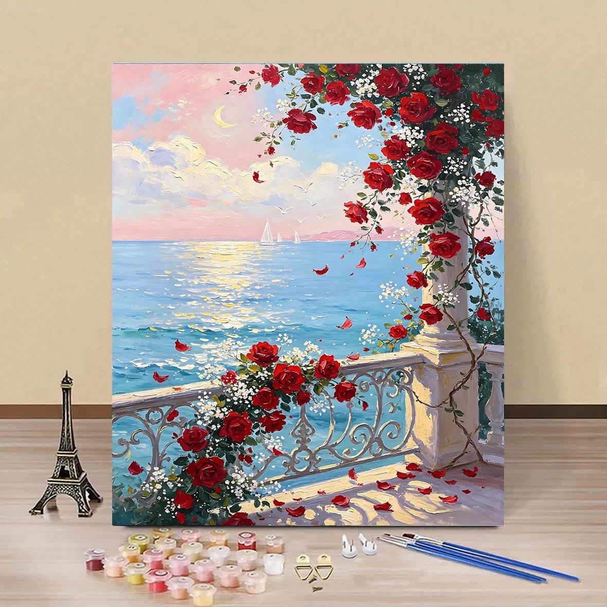 Romantic Red Rose Ocean Balcony and Elegant Floral Woman Paint by Numbers Oil Painting DIY Wall Art Home Decor Unframed