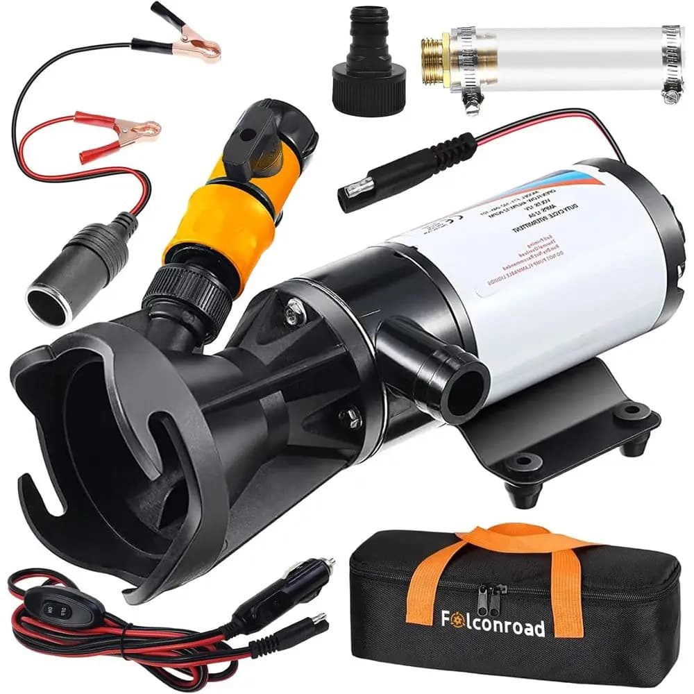 Motorhome macerator pump with housing, motorhome macerator 12V 12GPM with quick release, waste water pump with garden pipe exhaust door f